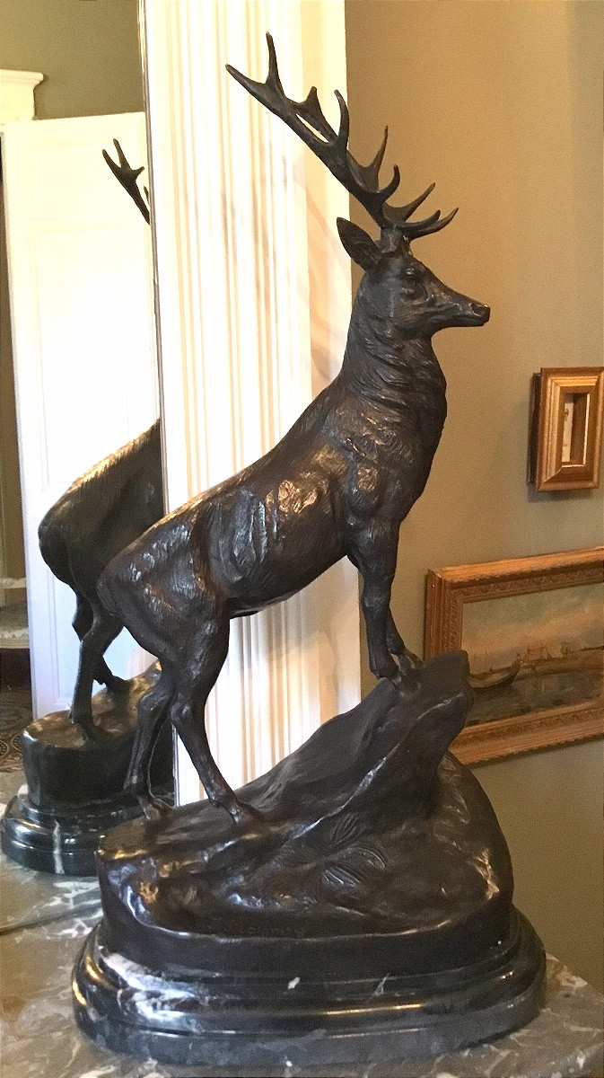 Jules Moignez .le Cerf.important Bronze With Brown Patina On Marble Base-photo-2