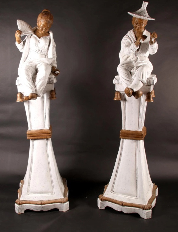 Pair Of Glazed Terracotta Sculptures Representing An Asian Couple -photo-3