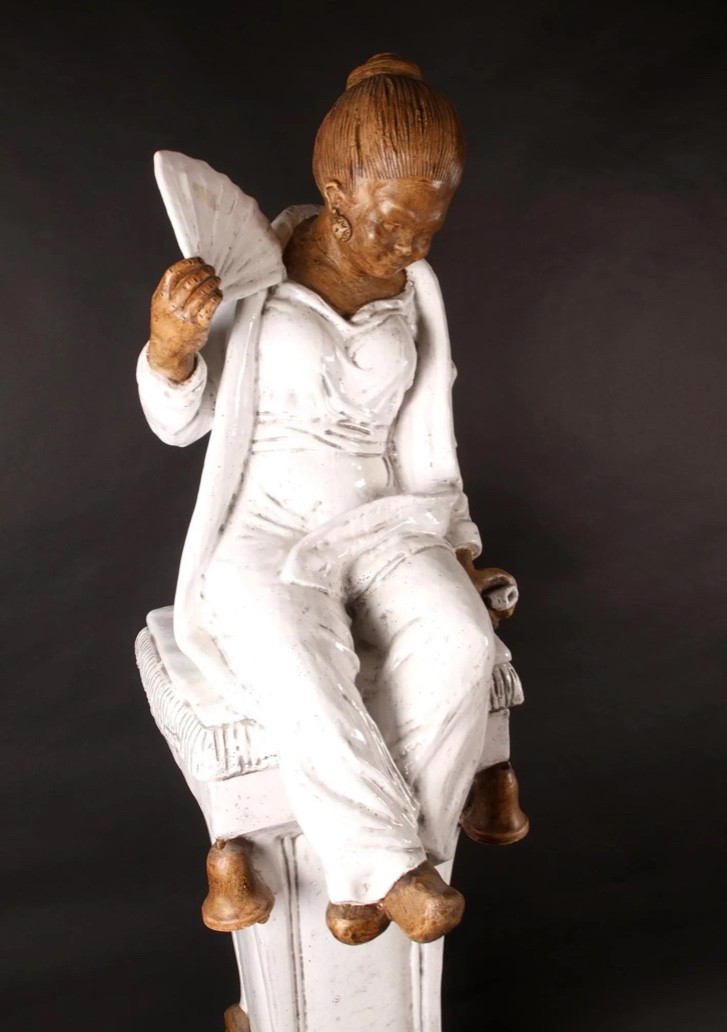 Pair Of Glazed Terracotta Sculptures Representing An Asian Couple -photo-1