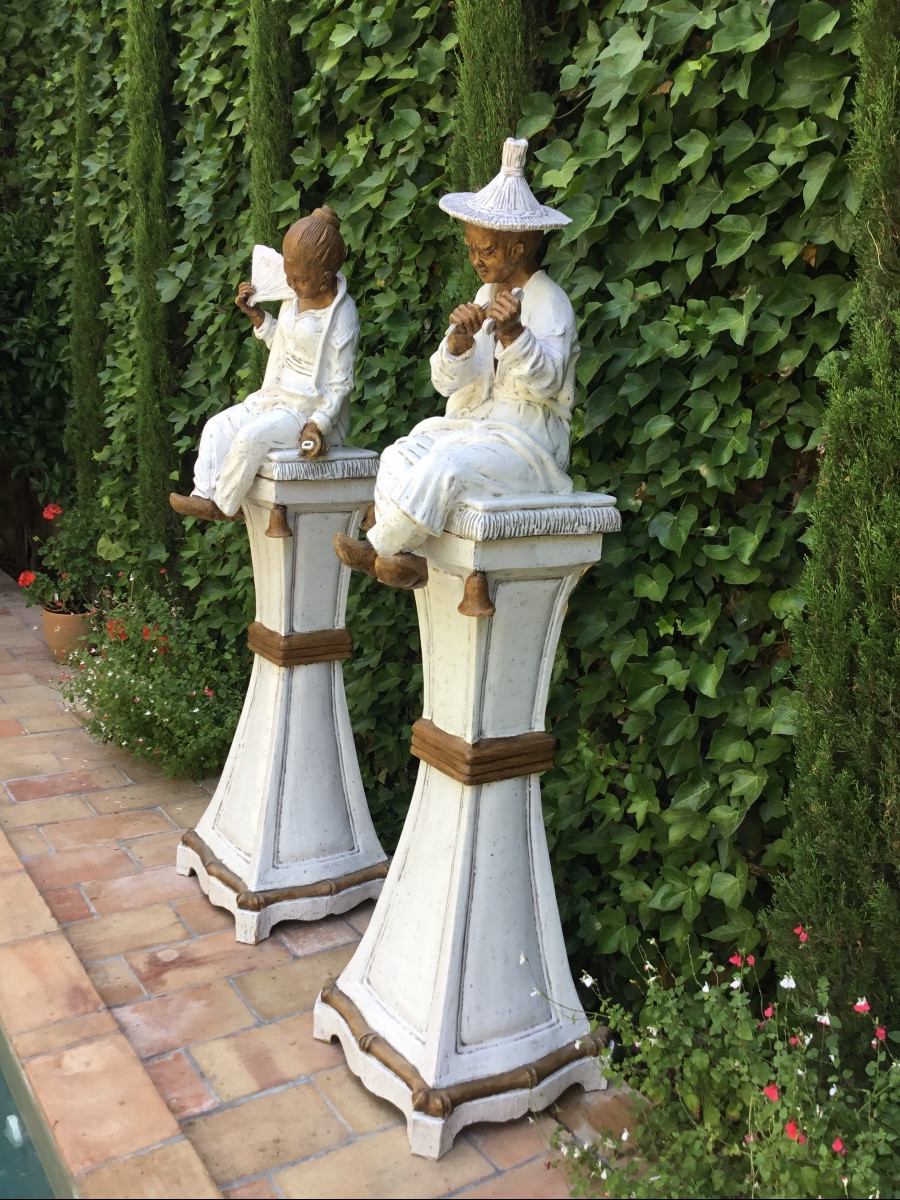 Pair Of Glazed Terracotta Sculptures Representing An Asian Couple -photo-6
