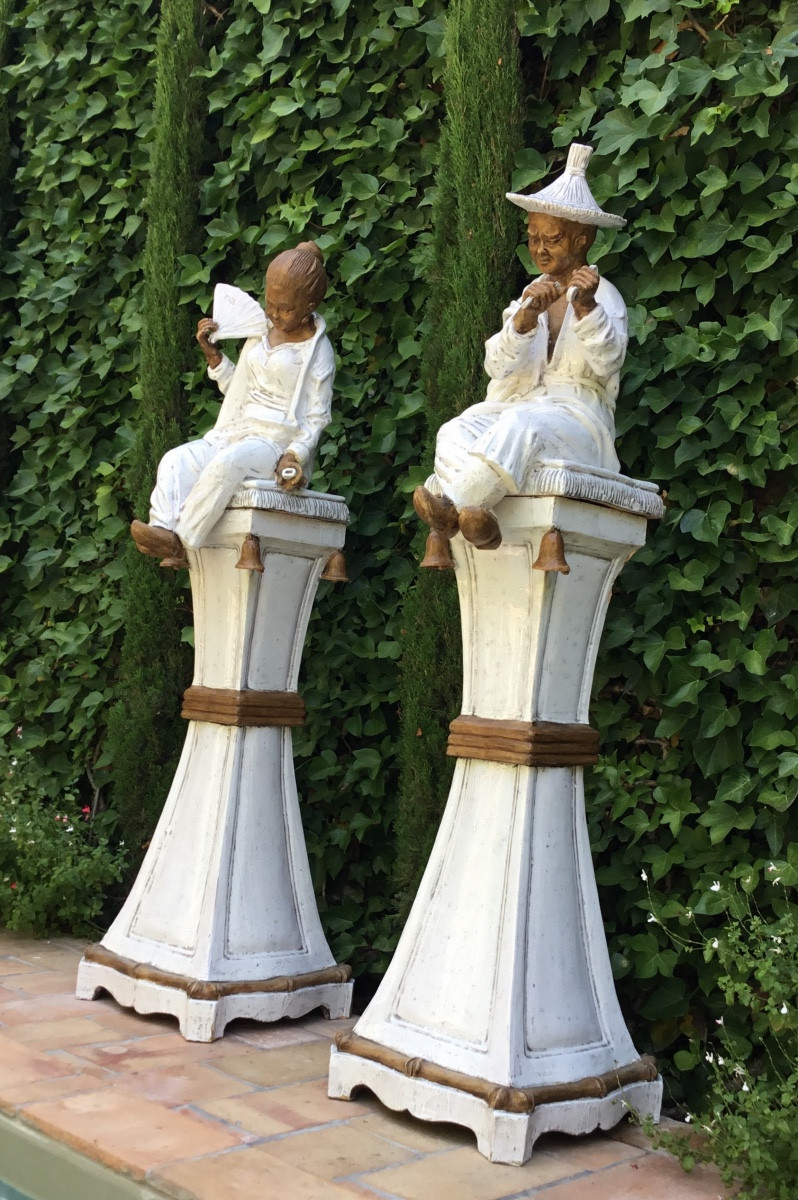Pair Of Glazed Terracotta Sculptures Representing An Asian Couple 