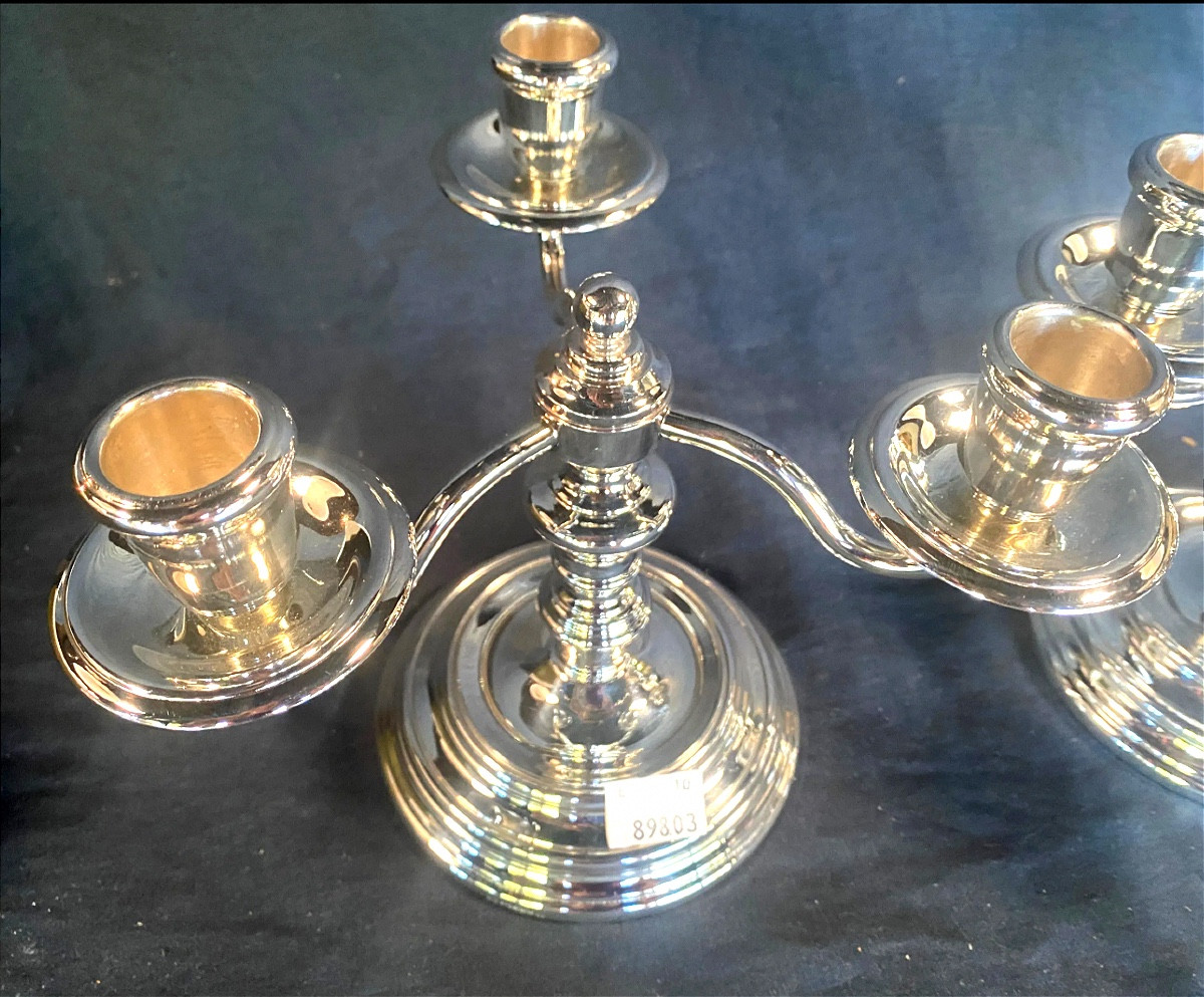 Christofle.paire de candélabres en métal argenté avec boîte et pochons antioxydants-photo-3