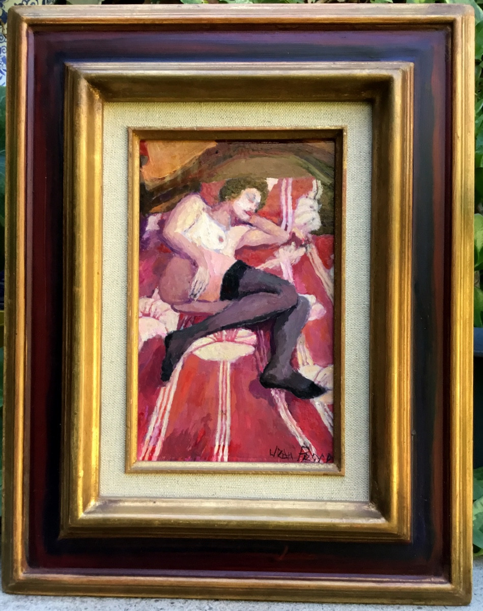 Jean Pesce.nu aux draps fleuris.huile sur panneau signée et encadrée -photo-2