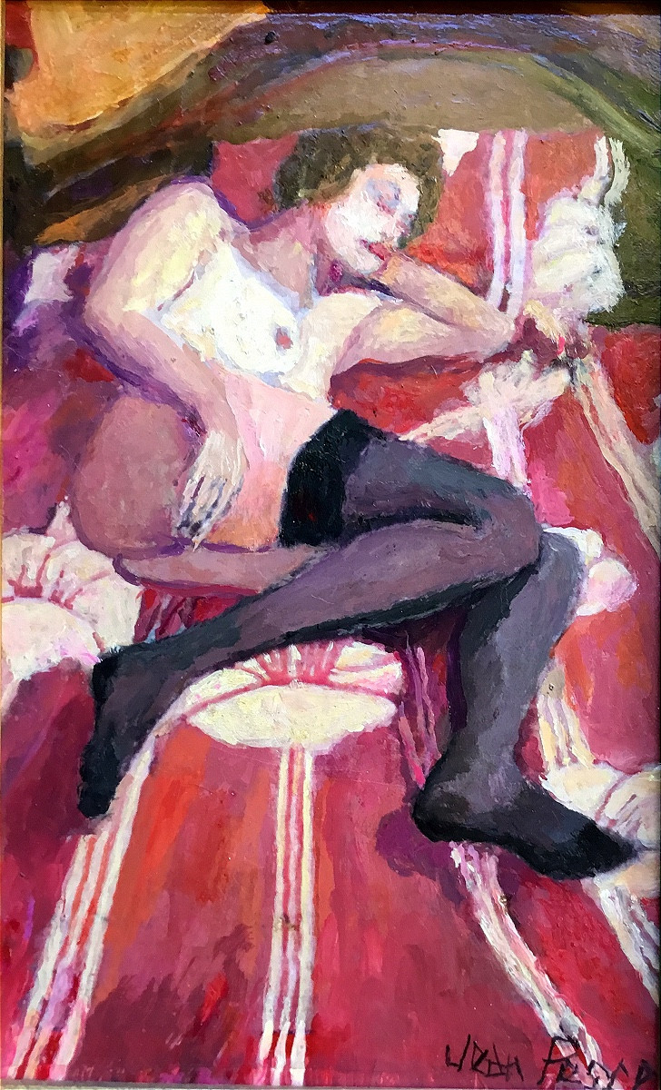 Jean Pesce.nu aux draps fleuris.huile sur panneau signée et encadrée 