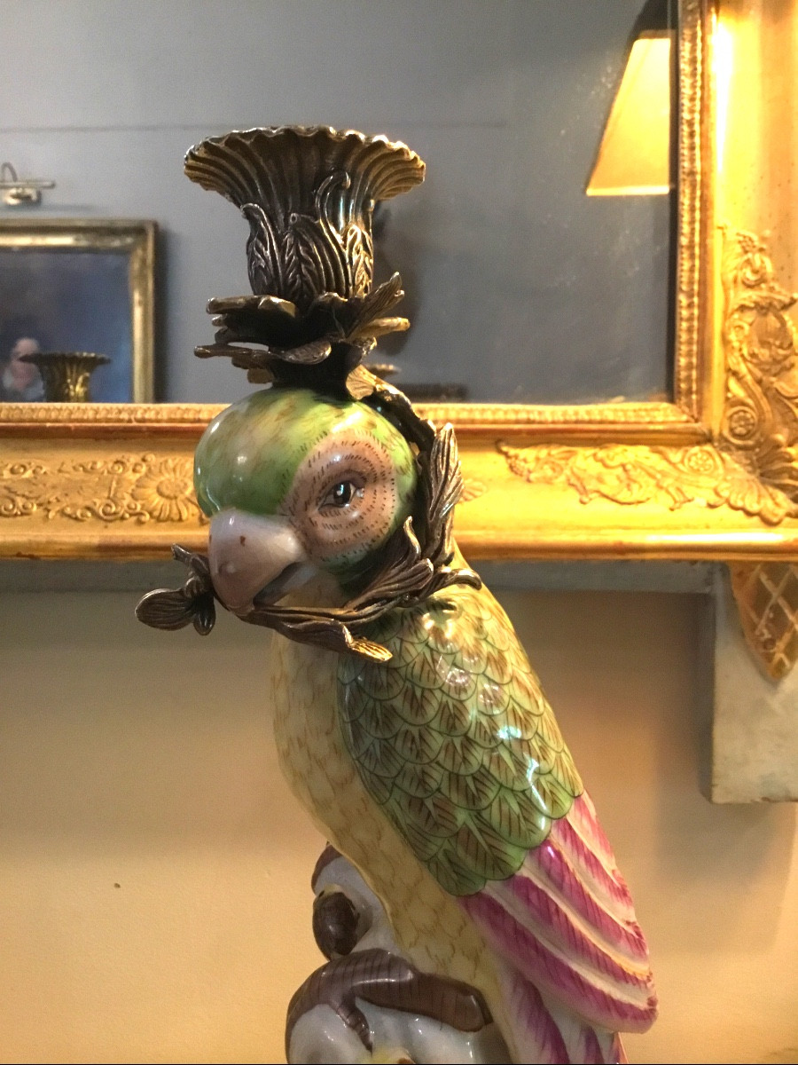 Pair Of Porcelain Parrot Candlesticks With Bronze Mounts-photo-3