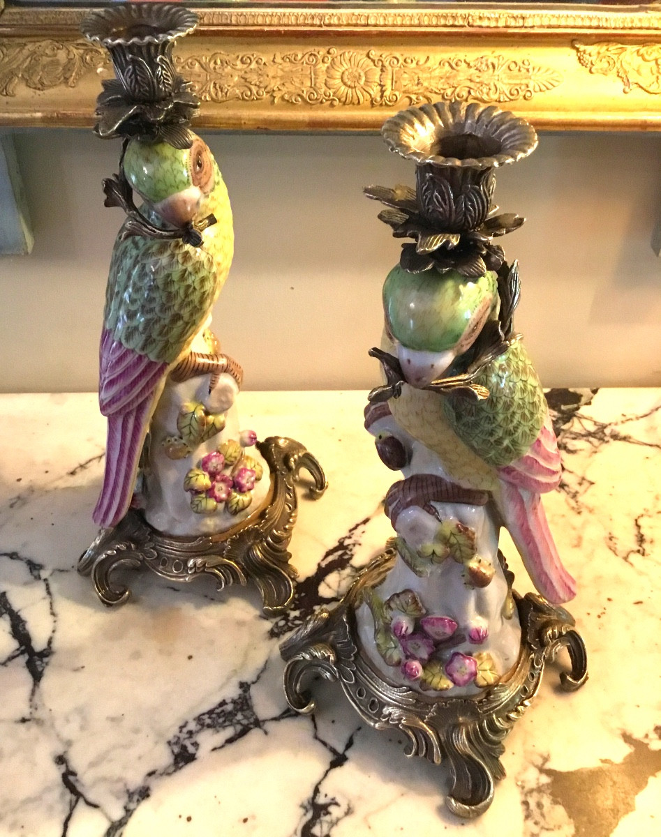 Pair Of Porcelain Parrot Candlesticks With Bronze Mounts-photo-2