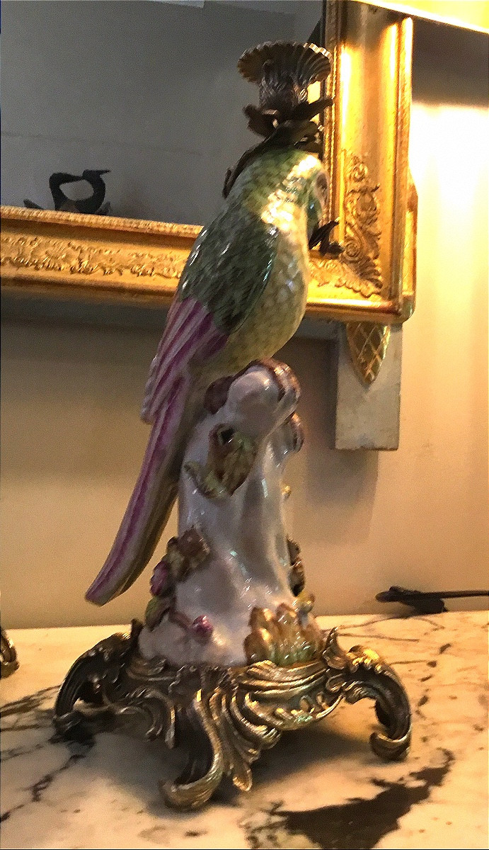 Pair Of Porcelain Parrot Candlesticks With Bronze Mounts-photo-3