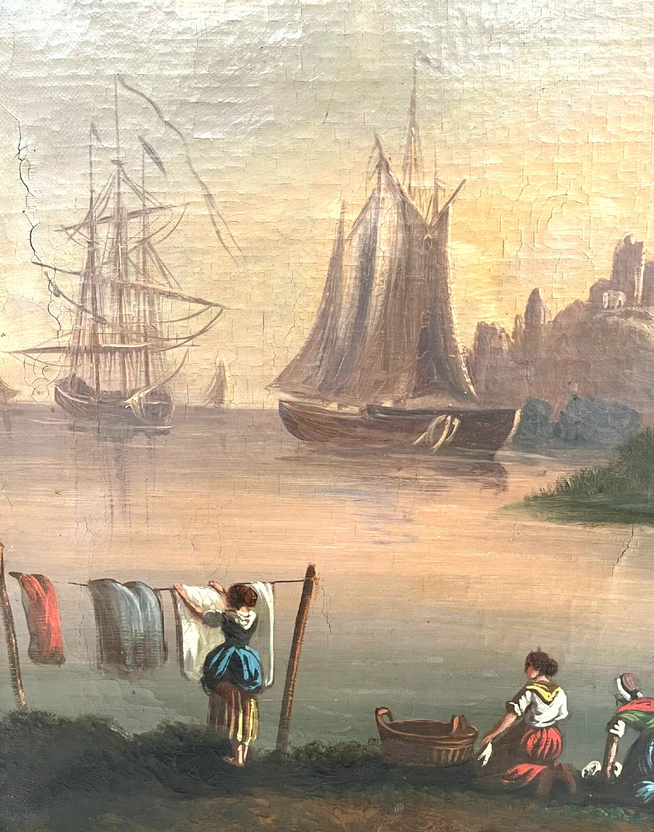 École française du XIXe.scène de port.huile sur toile encadrée -photo-2