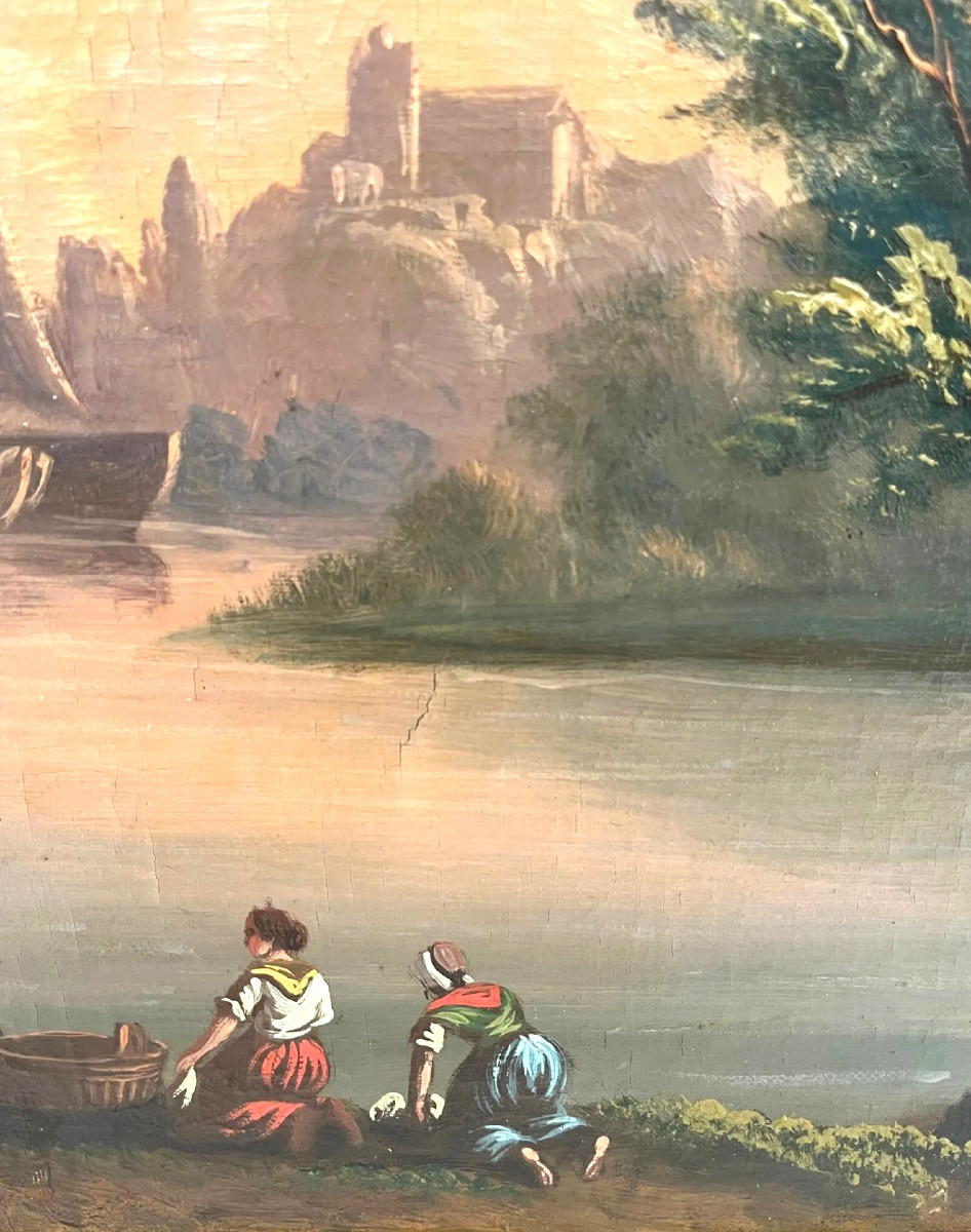 École française du XIXe.scène de port.huile sur toile encadrée -photo-3