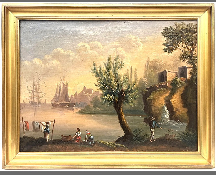 École française du XIXe.scène de port.huile sur toile encadrée 