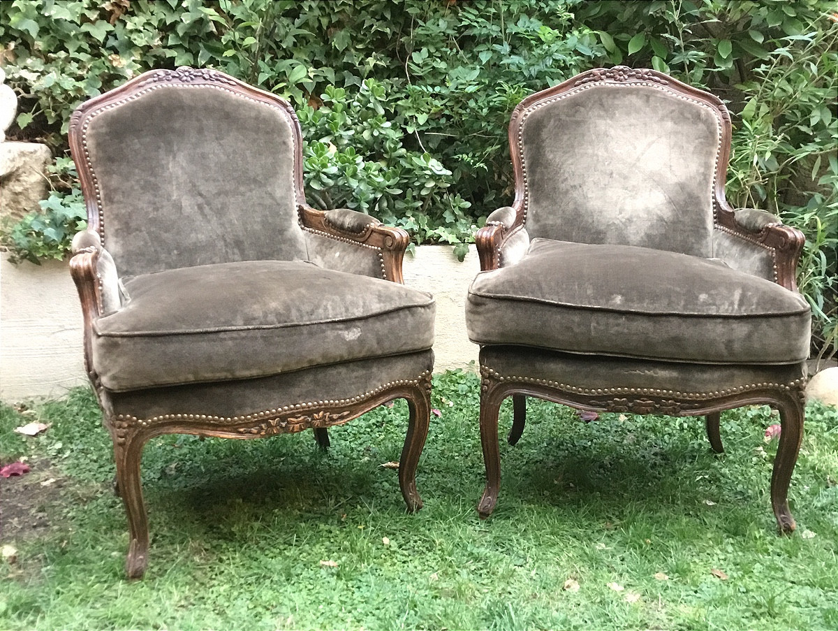 Paire de bergères de style louis XV en bois mouluré et sculpté 