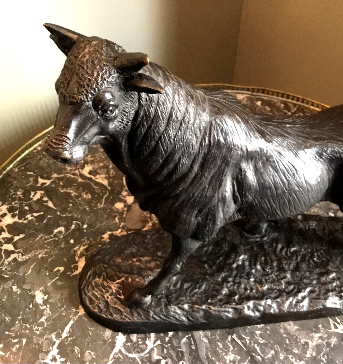 Black Patina Bronze Bull Signed On The Terrace à L Barye-photo-3