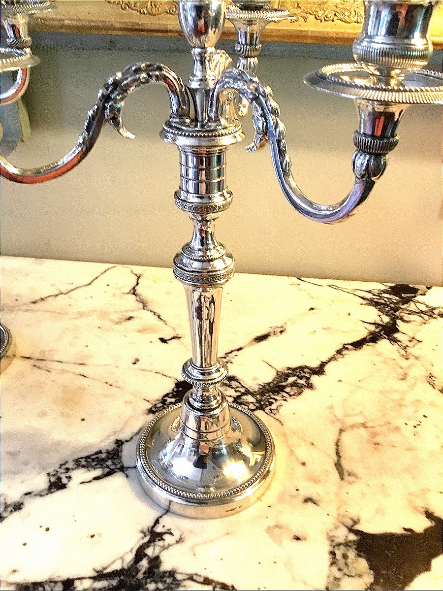 Paire de candélabres à trois bras de lumière en métal argenté-photo-4