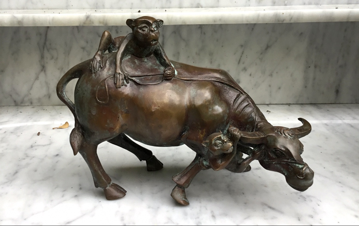 Deux singes sur un buffle .épreuve en bronze-photo-4