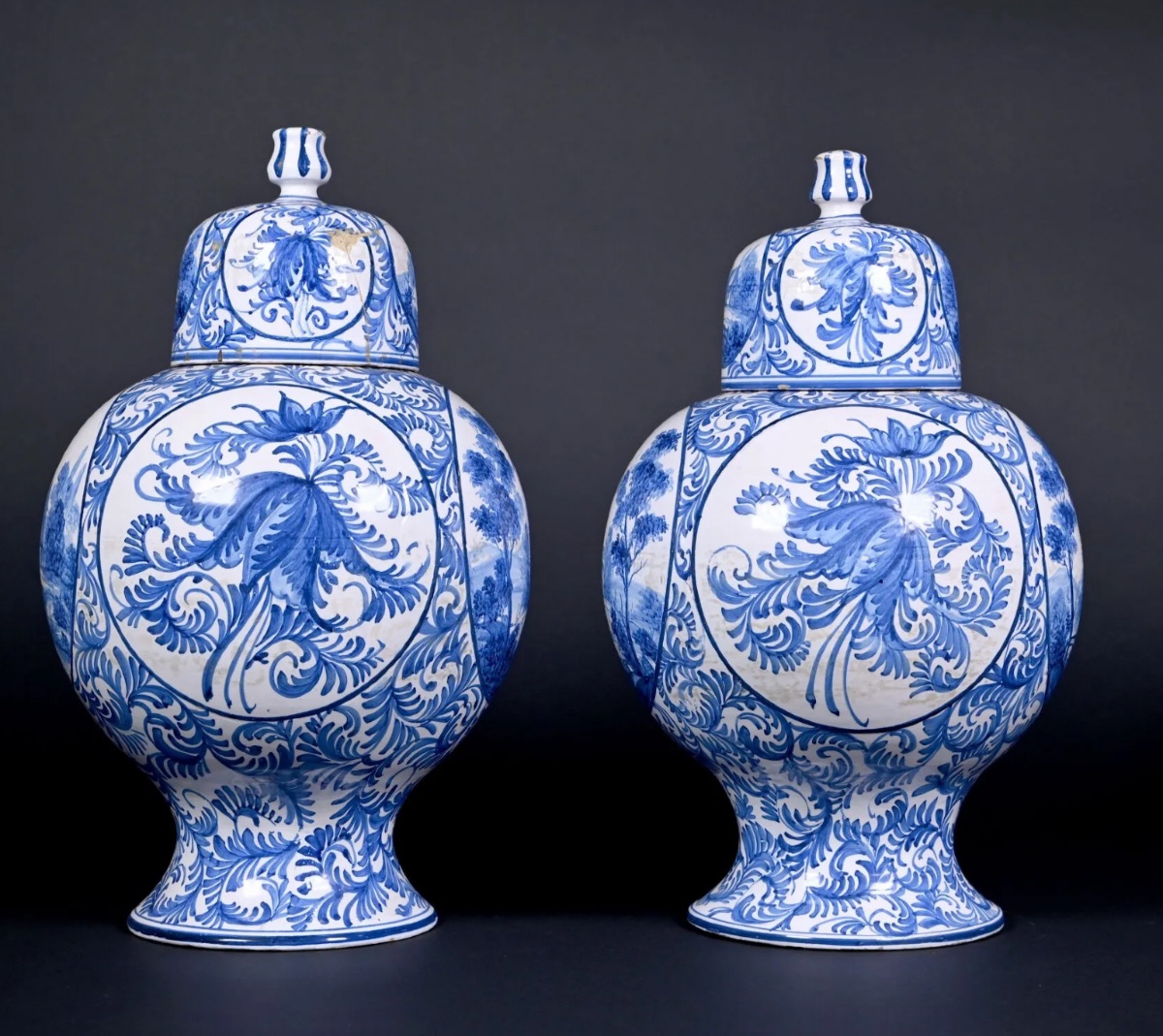 émile Tessier A Malicorne.pair Of Earthenware Pots With White/blue Decoration