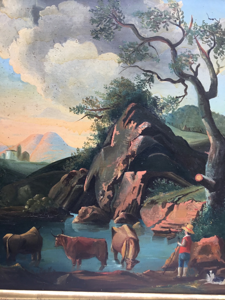 Late 18th Century French School. Landscape With Cows.oil On Canvas-photo-3