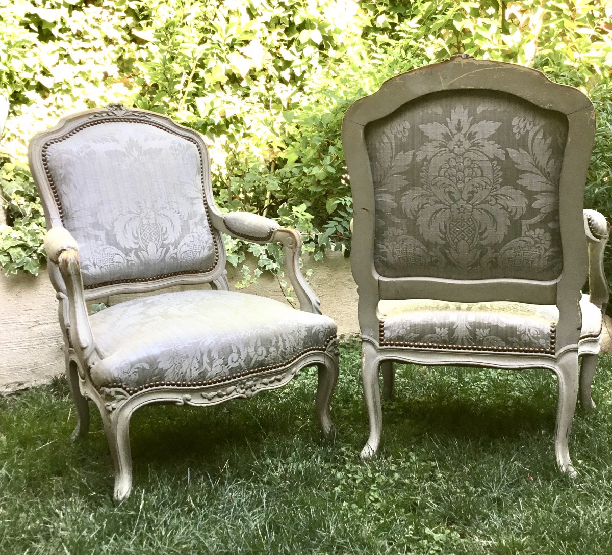 Pair Of Louis XV Style Armchairs In Grey Lacquered Wood-photo-2