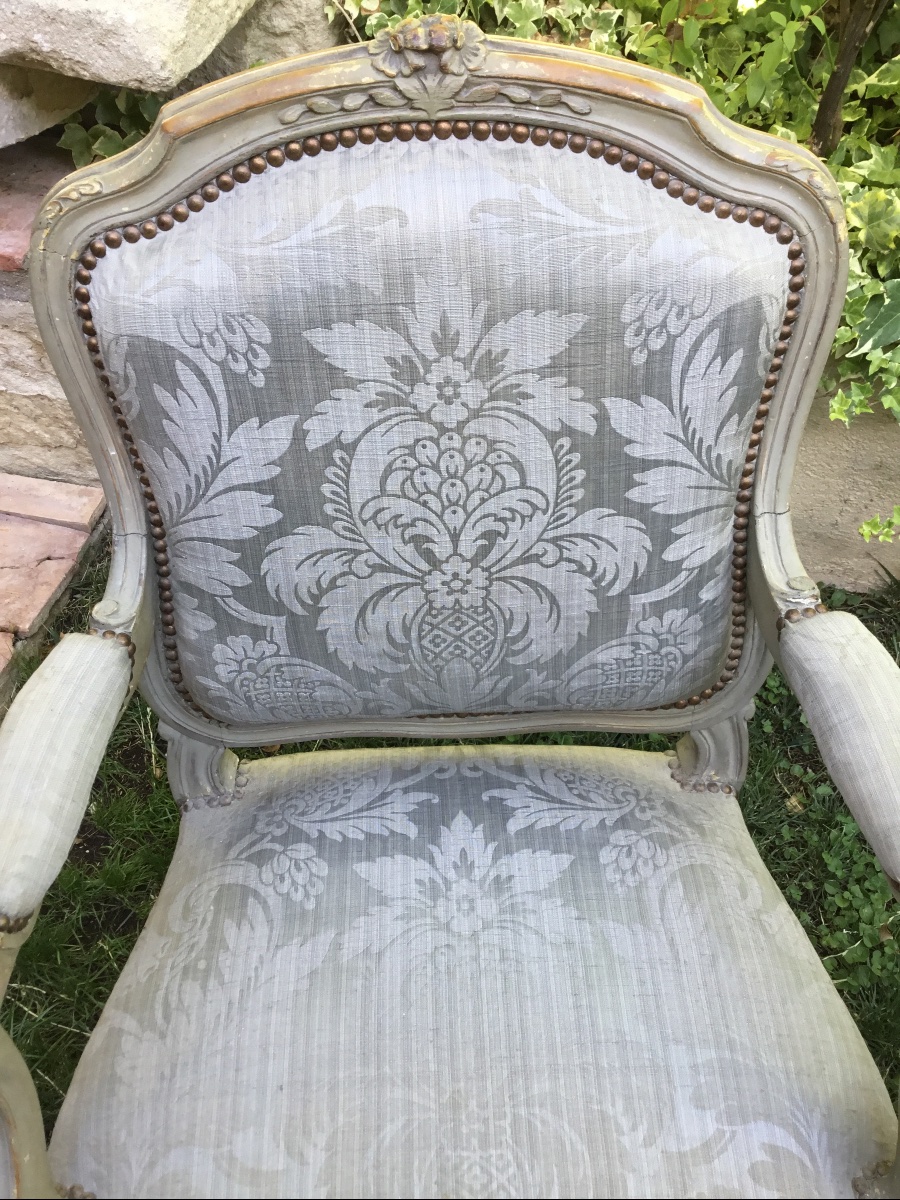 Pair Of Louis XV Style Armchairs In Grey Lacquered Wood-photo-4