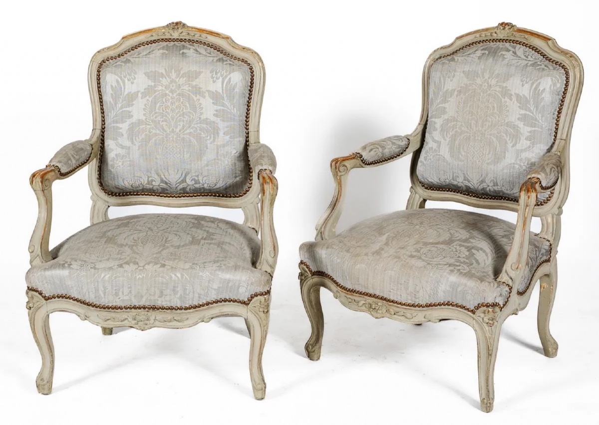 Pair Of Louis XV Style Armchairs In Grey Lacquered Wood