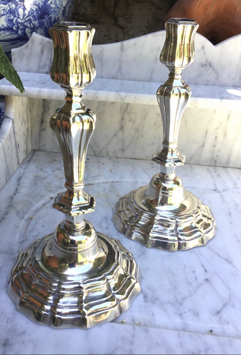 Pair Of Silver-plated Metal Candlesticks In The Louis XIV Style-photo-2
