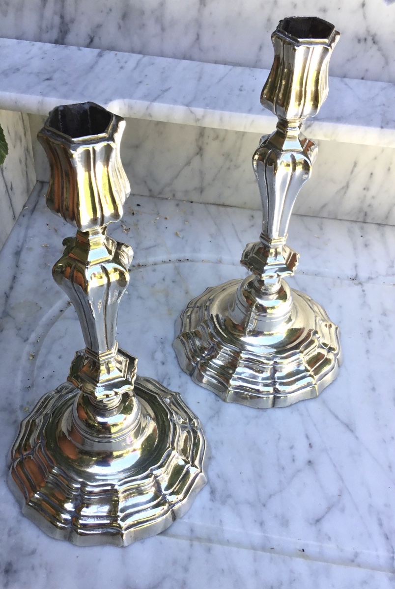 Pair Of Silver-plated Metal Candlesticks In The Louis XIV Style-photo-3