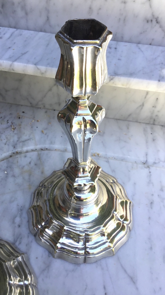 Pair Of Silver-plated Metal Candlesticks In The Louis XIV Style-photo-4