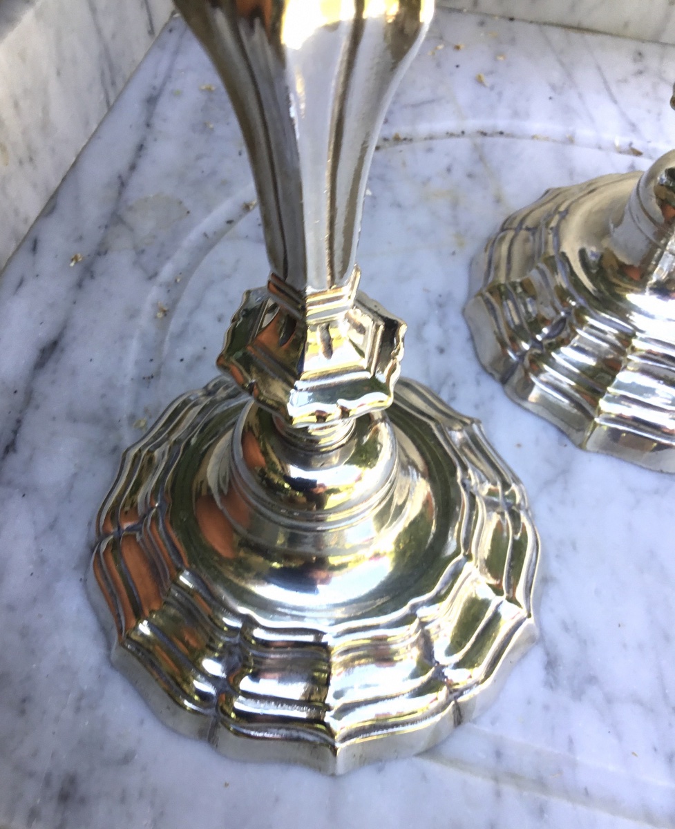 Pair Of Silver-plated Metal Candlesticks In The Louis XIV Style-photo-1