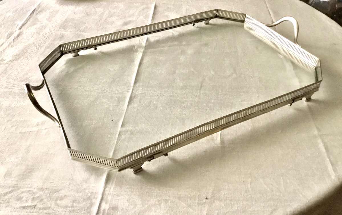 Large Tray With A Rim, Made Of Silver-plated Metal And Featuring A Glass Bottom-photo-2
