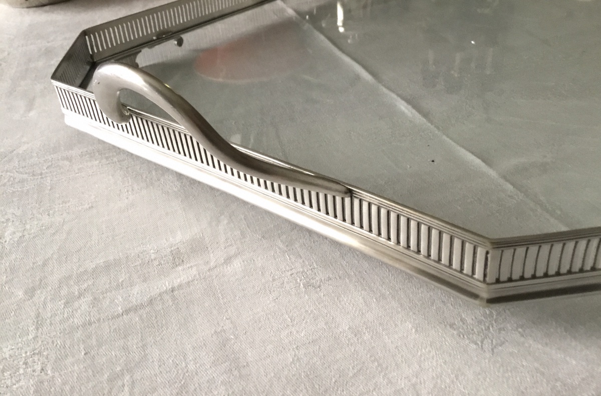 Large Tray With A Rim, Made Of Silver-plated Metal And Featuring A Glass Bottom-photo-3