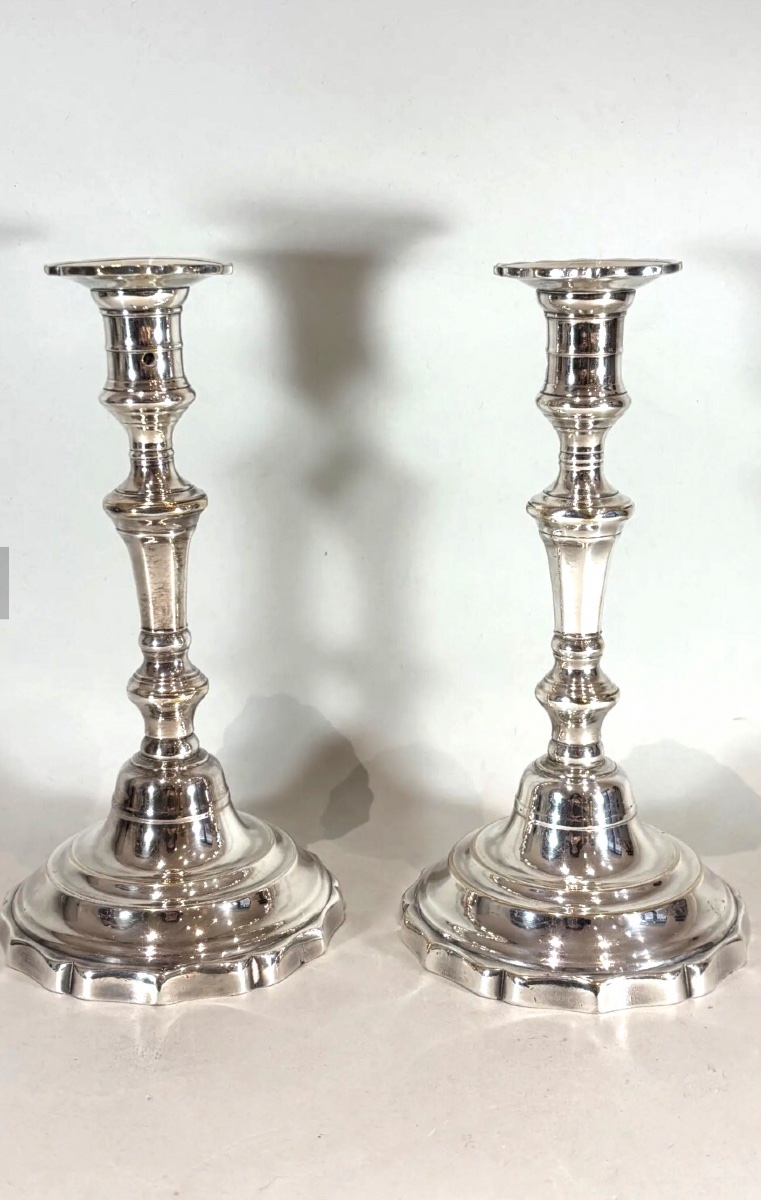 Pair Of Silver-plated Metal Candlesticks In The Louis XIV Style 