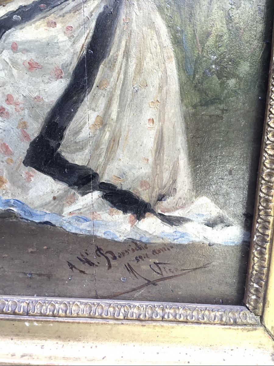 Oil On Panel, Framed. Seated Young Woman-photo-3