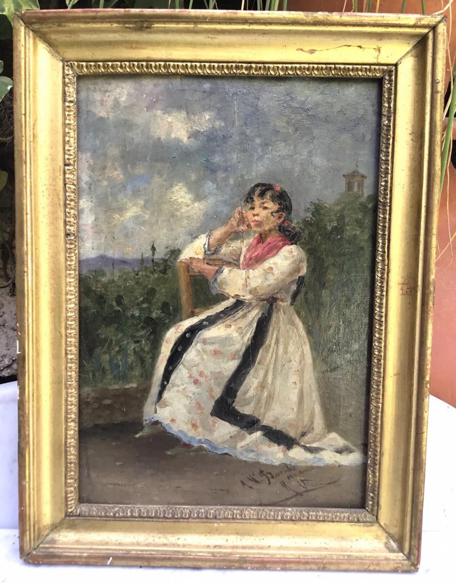 Oil On Panel, Framed. Seated Young Woman