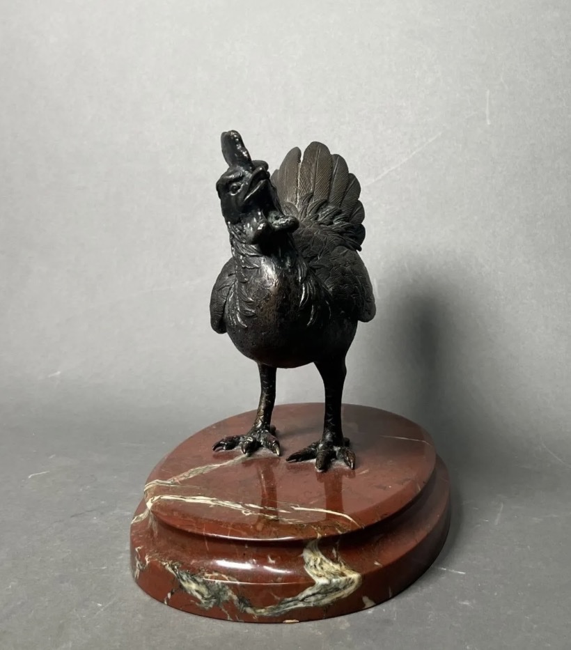 Poule en Bronze sur un socle de marbre rouge-photo-2