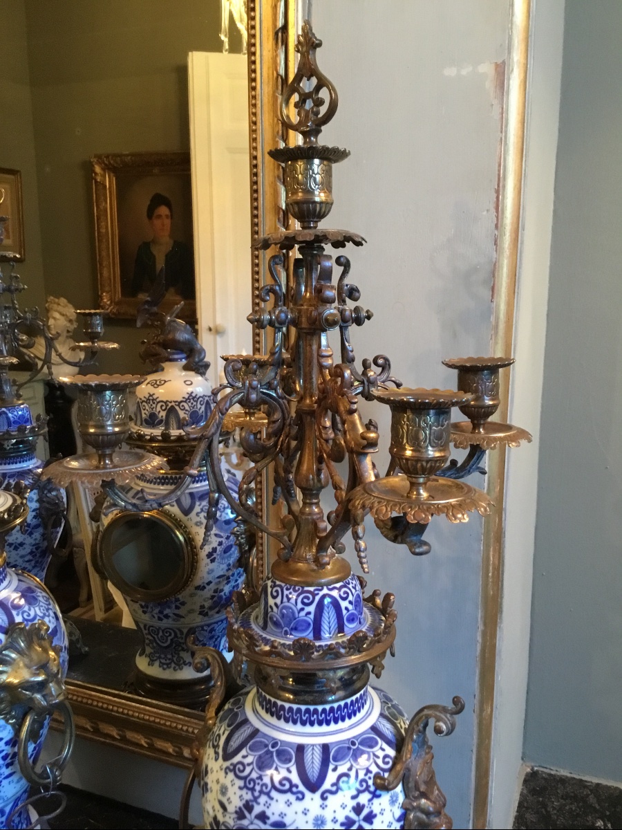 Delft-style Ceramic Fireplace Trim On A Bronze And Brass Frame-photo-3