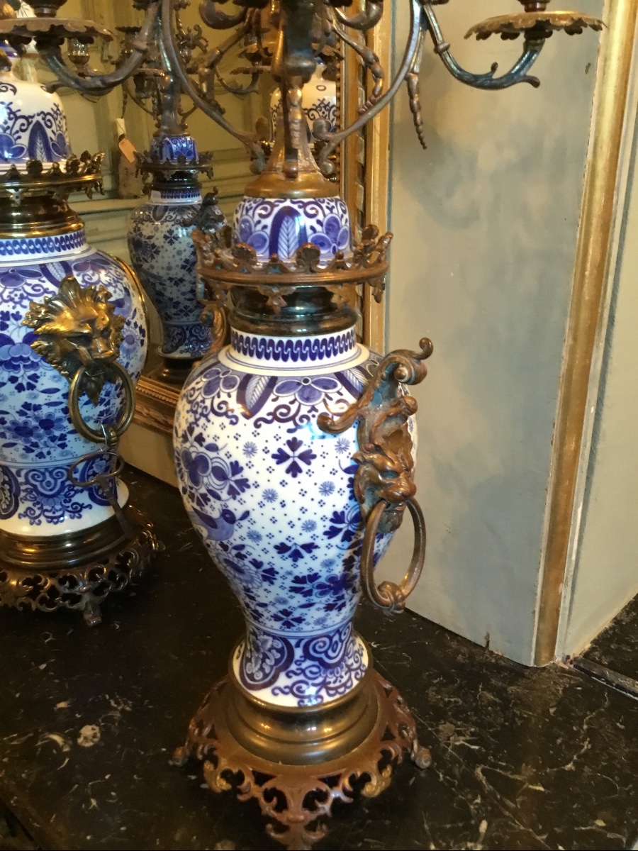 Delft-style Ceramic Fireplace Trim On A Bronze And Brass Frame-photo-4
