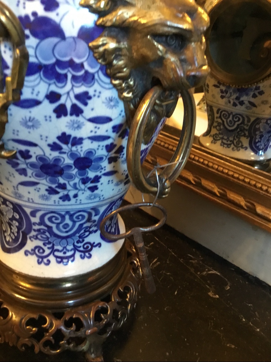Delft-style Ceramic Fireplace Trim On A Bronze And Brass Frame-photo-2