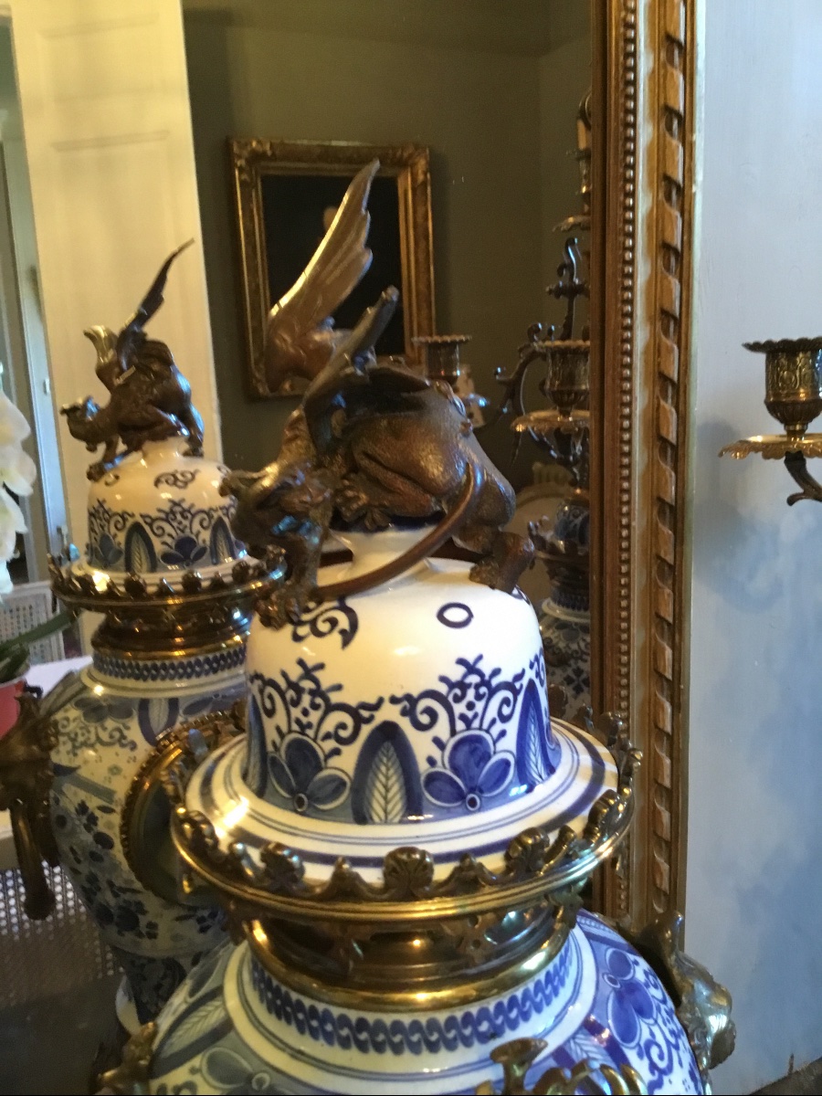 Delft-style Ceramic Fireplace Trim On A Bronze And Brass Frame-photo-3