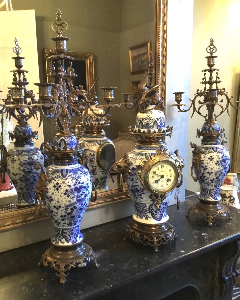 Delft-style Ceramic Fireplace Trim On A Bronze And Brass Frame-photo-4