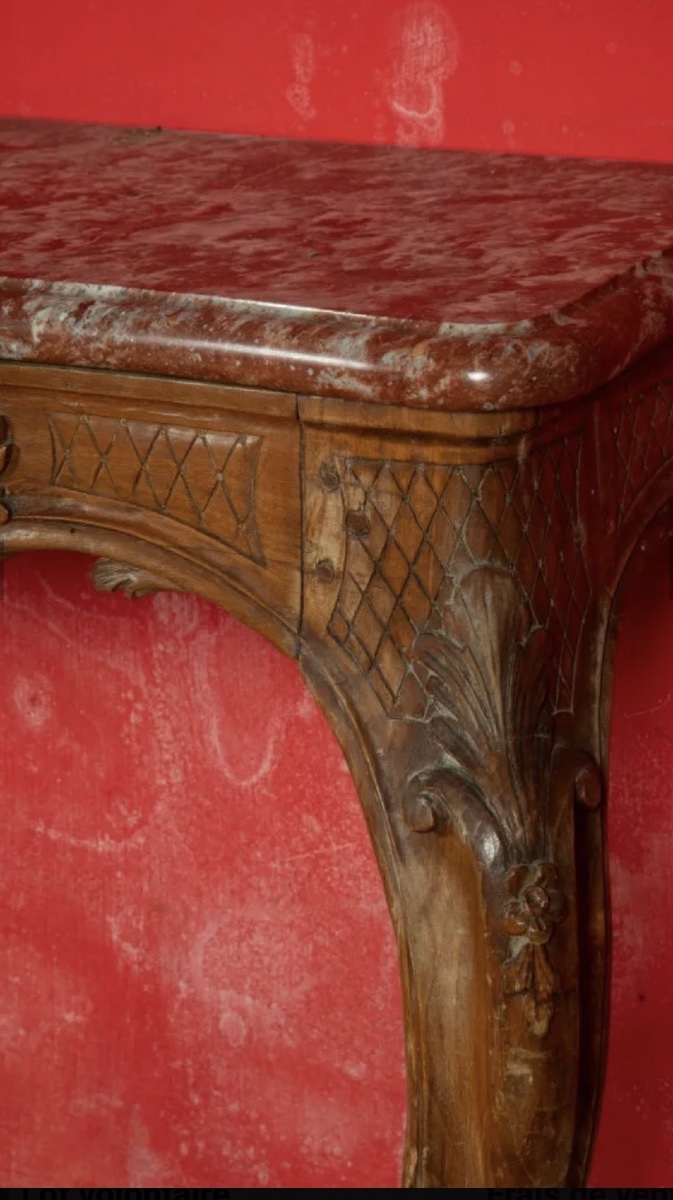 Importante console en bois naturel  mouluré et sculpté à dessus de marbre rouge-photo-3