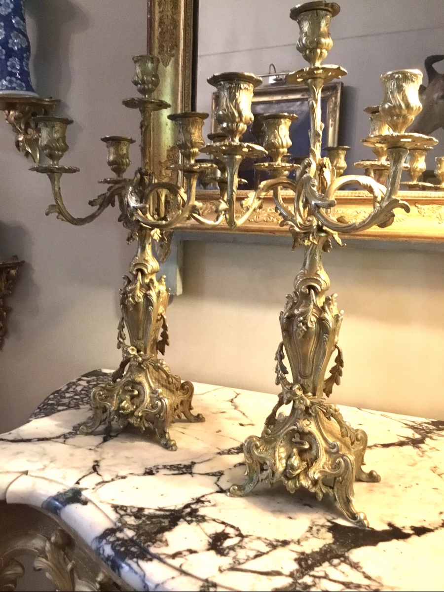 Pair Of Chiseled And Gilded Bronze Candelabra -photo-4