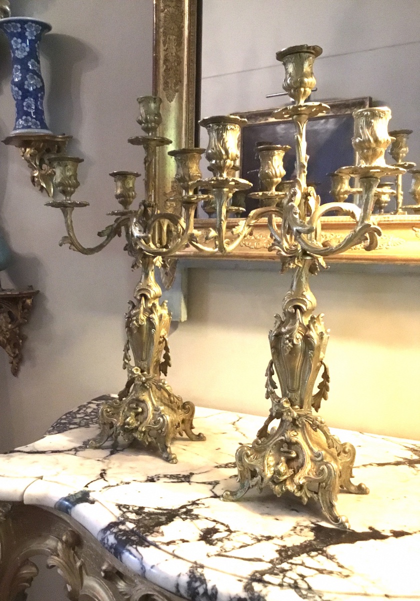 Pair Of Chiseled And Gilded Bronze Candelabra 
