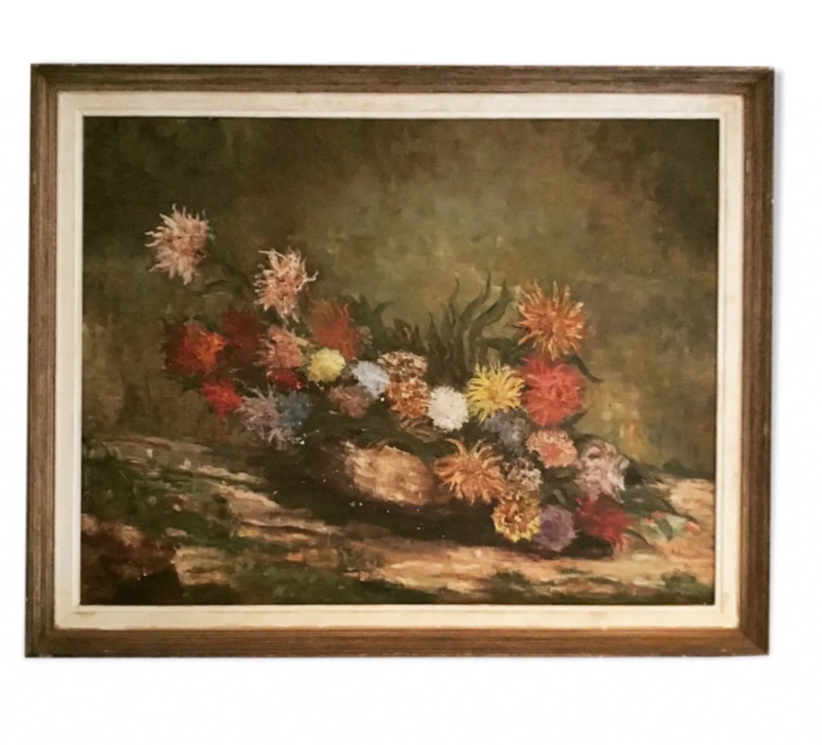 Bouquet De Dahlias .huile Sur Toile Signée Moras 1966