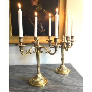 Pair Of Louis XVI Style Candelabra In Gilt And Chiseled Bronze