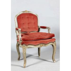 Superb Louis XV Style Armchair In Gray And Gold Lacquered Molded And Carved Wood With Flower Decor