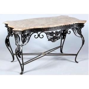 Wrought Iron Table With Openwork Belt. Marble Top