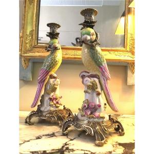 Pair Of Porcelain Parrot Candlesticks With Bronze Mounts