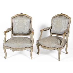 Pair Of Louis XV Style Armchairs In Grey Lacquered Wood