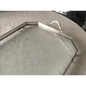 Large Tray With A Rim, Made Of Silver-plated Metal And Featuring A Glass Bottom