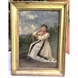 Huile sur panneau  encadrée .jeune femme assise