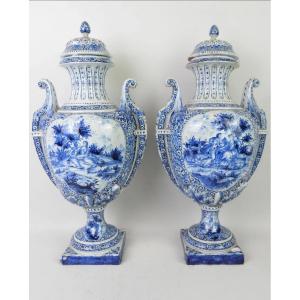Delft. Pair Of Footed Earthenware Vases